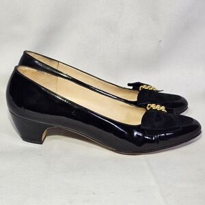 Salvatore Ferragamo‎ Black Leather Gold Chain Kitten Heels 7AAAA